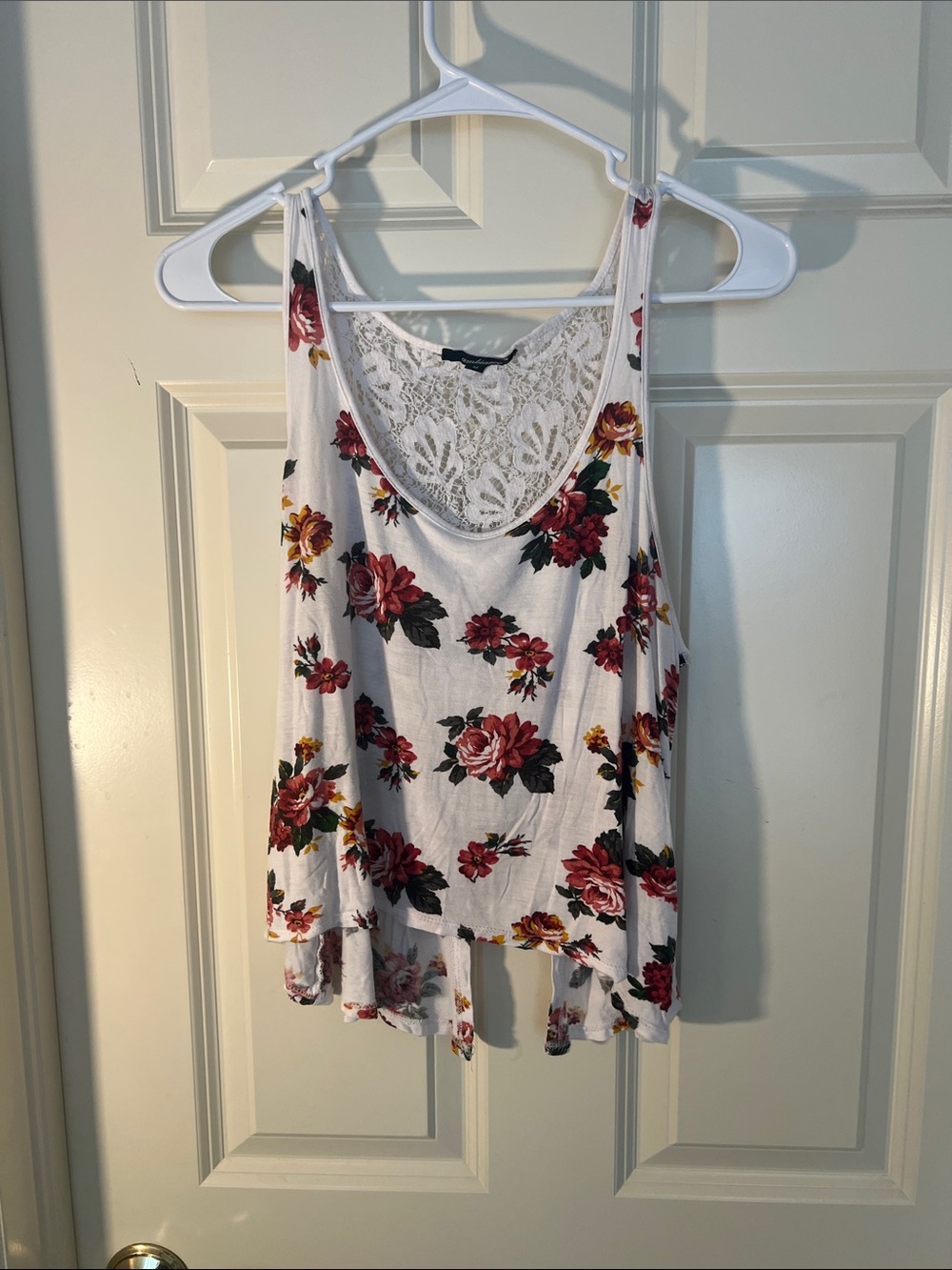 Ambiance Floral Lace-Back Tank Top - White with Red and Yellow Rose Print